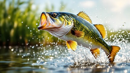 Naklejka premium Fishing Triumph: Magnificent Perch in Water with Lush Green Background