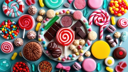 Fototapeta premium Colorful candy assortment, overhead view, vibrant sweets, lollipops, chocolate bonbons, gummy candies, pastel macarons, jelly beans, candy canes, peppermints, licorice allsorts, flat lay, blue backgro
