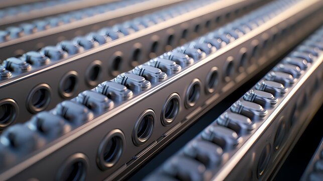 Close-up view of metallic rollers aligned in parallel, featuring a sleek design, highlighting their functional and industrial aesthetic.
