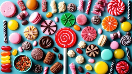 Fototapeta premium Colorful candy assortment, overhead view, vibrant sweets, lollipops, chocolate bonbons, gummy candies, pastel macarons, jelly beans, candy canes, peppermints, licorice allsorts, flat lay, blue backgro