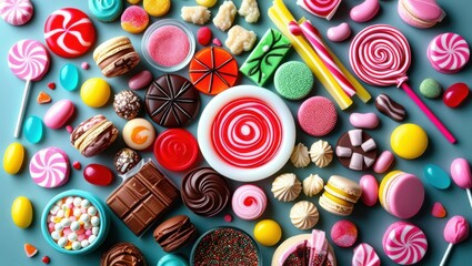 Fototapeta premium Colorful candy assortment, overhead view, vibrant sweets, lollipops, chocolate bonbons, gummy candies, pastel macarons, jelly beans, candy canes, peppermints, licorice allsorts, flat lay, blue backgro