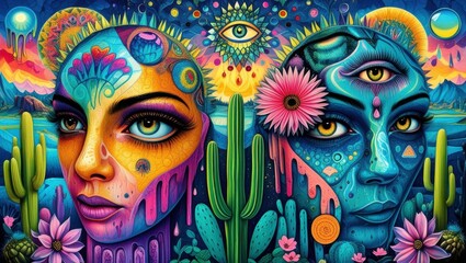 Psychedelic portrait, surreal face, vibrant colors, third eye, lotus flower, cactus desert, starry night sky, cosmic imagery, mystical eyes, dripping paint effect, spiritual awakening, neon glow, sacr