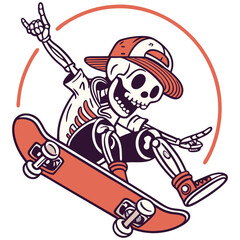 Fototapeta premium Skateboard t-shirt label design with illustration of skeleton playing skateboard. Hand drawn illustration.