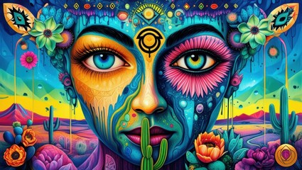 Psychedelic portrait, surreal face, vibrant colors, third eye, lotus flower, cactus desert, starry night sky, cosmic imagery, mystical eyes, dripping paint effect, spiritual awakening, neon glow, sacr