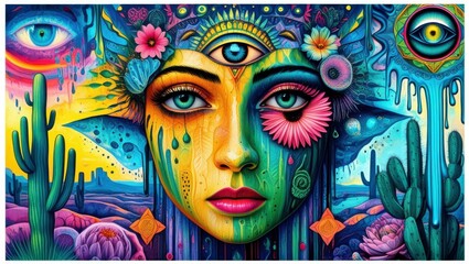 Psychedelic portrait, surreal face, vibrant colors, third eye, lotus flower, cactus desert, starry night sky, cosmic imagery, mystical eyes, dripping paint effect, spiritual awakening, neon glow, sacr