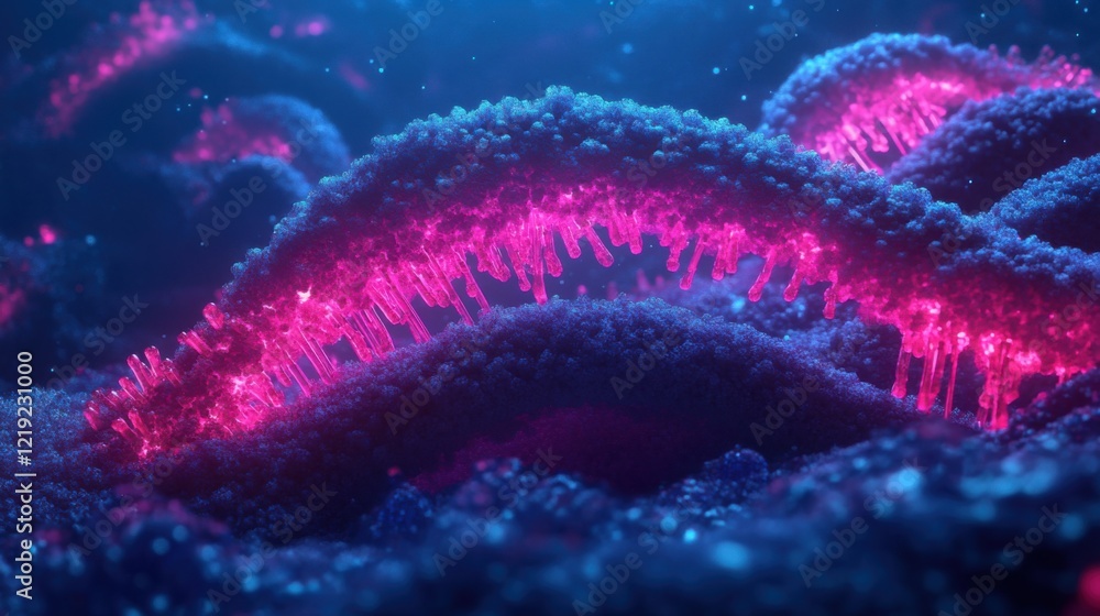 Poster abstract representation of glowing microorganisms in blue and pink hues with detailed textures, crea