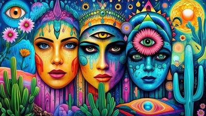 Psychedelic portrait, surreal face, vibrant colors, third eye, lotus flower, cactus desert, starry night sky, cosmic imagery, mystical eyes, dripping paint effect, spiritual awakening, neon glow, sacr