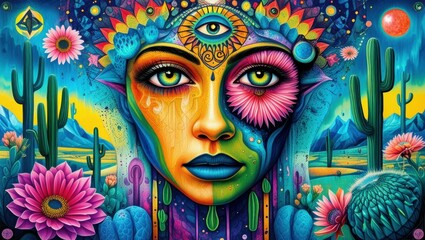 Psychedelic portrait, surreal face, vibrant colors, third eye, lotus flower, cactus desert, starry night sky, cosmic imagery, mystical eyes, dripping paint effect, spiritual awakening, neon glow, sacr