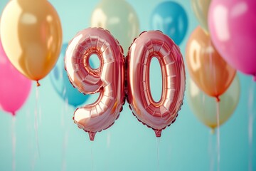 Rose gold foil balloon number 90 floating in front of colorful balloons celebrating a 90th birthday party