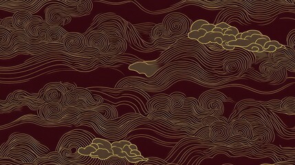Abstract gold cloud and wave pattern on maroon background.