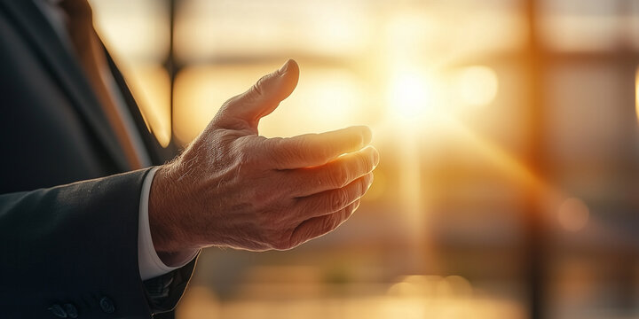 Businessman in Suit Gesturing with Hand Towards Sunset Light in Modern Office Setting, Warm Tones and Soft Focus Creating Inspirational Atmosphere