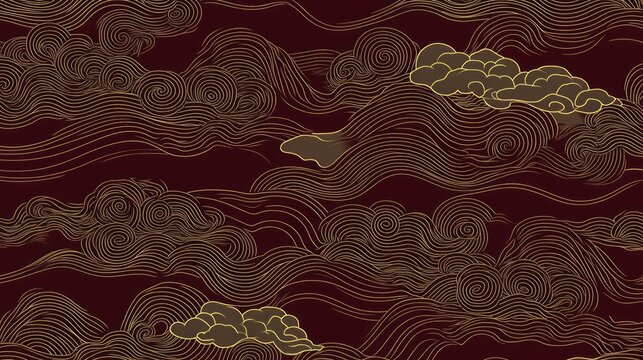 Abstract gold cloud and wave pattern on maroon background.