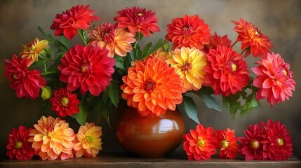 Vibrant Dahlias in Brown Vase Still Life Painting