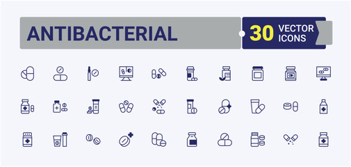 Set of Antibacterial line icons. Includes icons for painkiller, care, syringe, Antibiotic, dose, prescription, medicine and more. Vector line and solid icons.