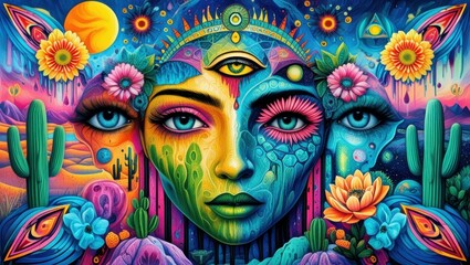 Psychedelic portrait, surreal face, vibrant colors, third eye, lotus flower, cactus desert, starry night sky, cosmic imagery, mystical eyes, dripping paint effect, spiritual awakening, neon glow, sacr