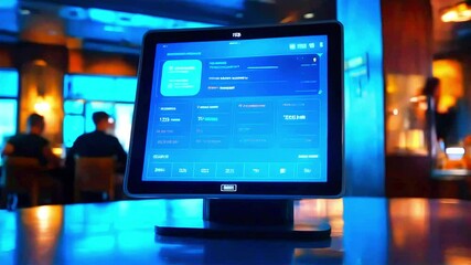 Digital Kiosk with Blue Glow in a Modern Bar Setting - Powered by Adobe