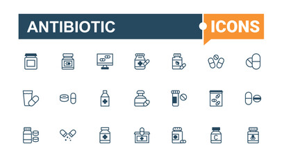 Antibiotic line icons set. Contains such icons as recipe, virus, bottle, pain, syringe, pharmaceutical, doctor and more. Outline icon. Solid line editable stroke.