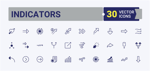 Indicators linear icon collection. Featuring cursor, play, icon, orientation, forward, way and more. Thin outline icons pack. Vector outline and solid icons collection.