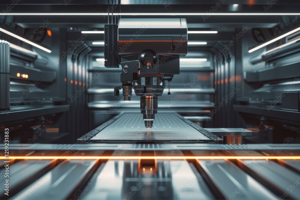 Poster high tech robotic arm using laser for precise engraving on metal, showcasing advanced manufacturing 