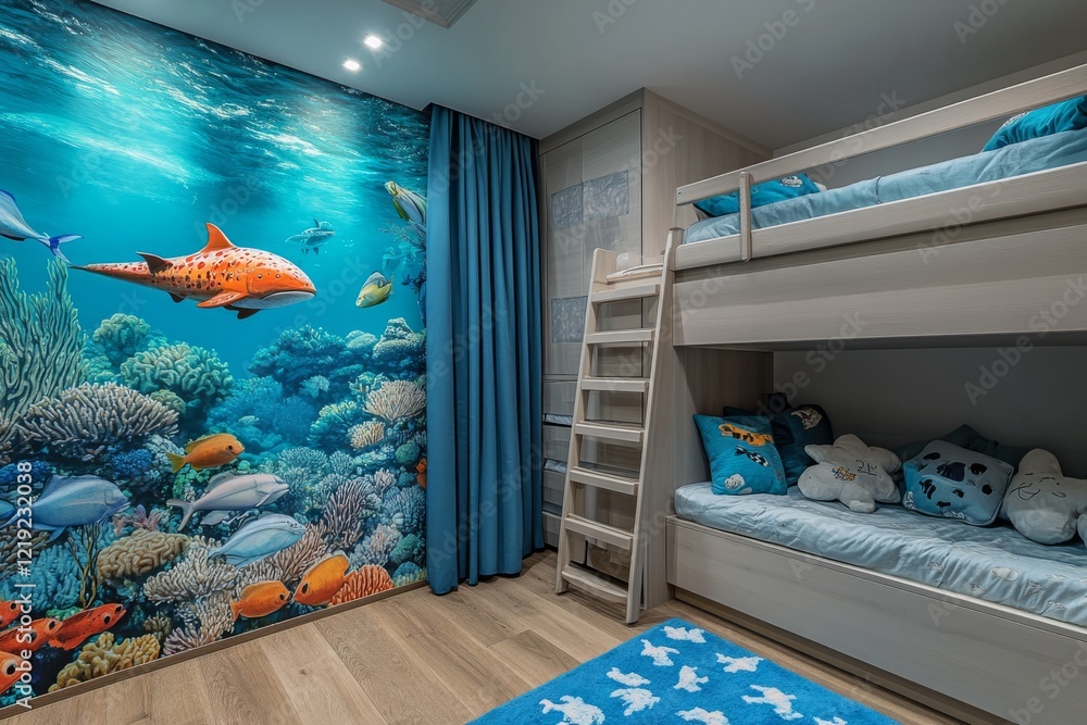 Wall mural Modern children room with bunk bed and underwater wallpaper featuring fish and coral reef