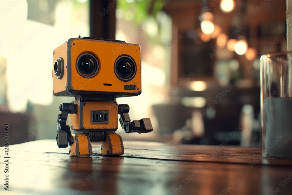Poster small orange robot standing on wooden table in blurred bar with bokeh effect