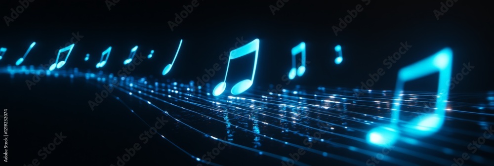 Poster bright blue music notes are floating and flowing on a dark digital surface, creating a futuristic an