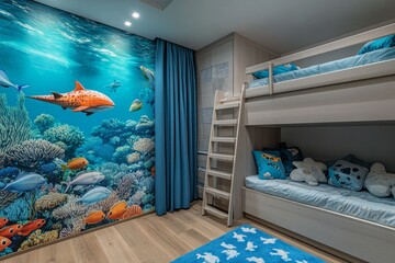 Modern children room with bunk bed and underwater wallpaper featuring fish and coral reef