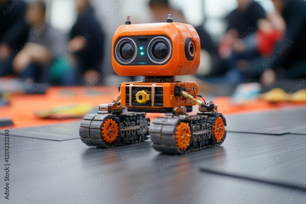 Poster small orange robot moving on tank tracks, exploring new technologies in artificial intelligence and 