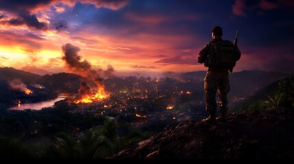 Obraz premium Soldier Witnessing a Burning City at Sunset