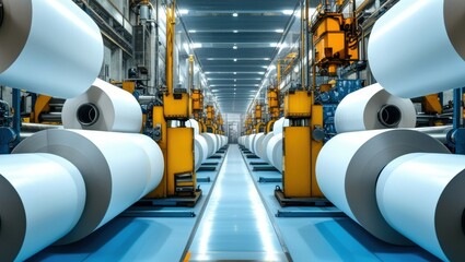 Industrial textile factory, robotic arms, automation, production line, large fabric rolls, high-tech machinery, blue floor, yellow robots, ceiling cranes, manufacturing plant, precision engineering, t