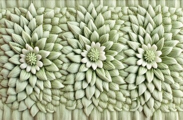pastel floral embroidery with golden bead centers and green leaves - craft store, art studio
