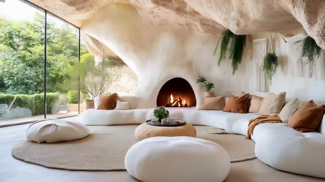 A cozy boho living room with soft furniture upholstered in boucle fabric, featuring a glowing stone fireplace and macrame wall hangings. The floor