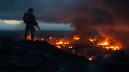 Obraz premium Solitary Sentinel: A Soldier Observes a Fiery Landscape