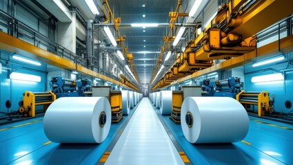 Obraz premium Industrial textile factory, robotic arms, automation, production line, large fabric rolls, high-tech machinery, blue floor, yellow robots, ceiling cranes, manufacturing plant, precision engineering, t
