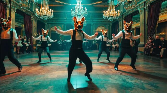 A Victorian masquerade ball with dancers in grotesque animal masks moving in synchronized yet unsettling patterns, abstract glitch effect
