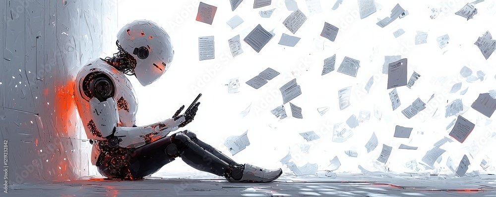 Poster futuristic ai robot interacting with gadgets in a digital abstract setting