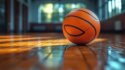 Basketball on polished wooden court floor in sunlit gymnasium.