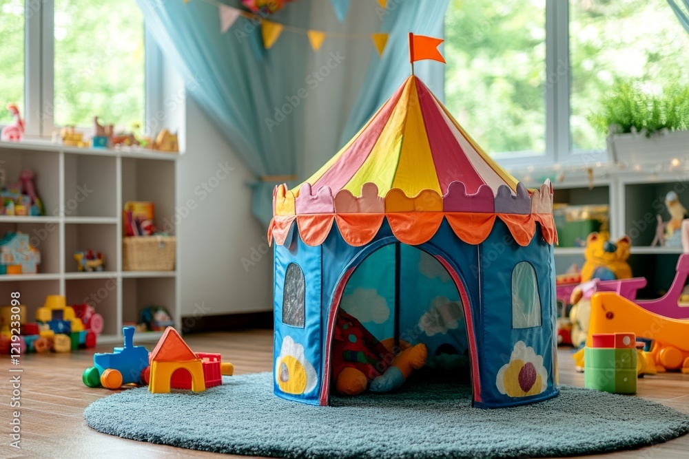 Poster play tent set up in a playroom surrounded by toys, creating a cozy and stimulating environment for c
