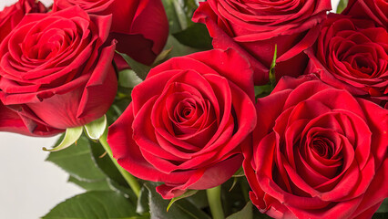 Saint Valentine's Day. Luxurious red roses in full bloom, with soft petals and green leaves, cut out