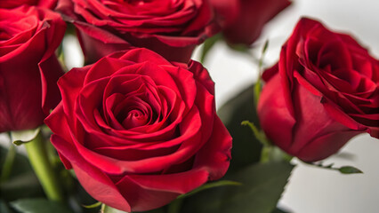 Fototapeta premium Saint Valentine's Day. Luxurious red roses in full bloom, with soft petals and green leaves, cut out