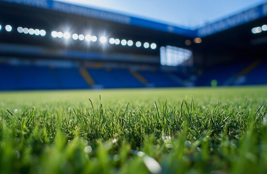 A close-up soccer field image showcasing the vibrant grass with a softly blurred stadium backdrop. Perfect for creating professional sports campaigns or promoting football events.

 - Powered by Adobe