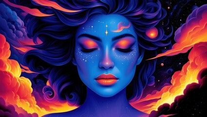 Fototapeta premium Fantasy portrait, ethereal blue-skinned woman, closed eyes, flowing dark hair, cosmic background, vibrant orange and purple clouds, starry night sky, dreamy atmosphere, digital painting, surreal art, 