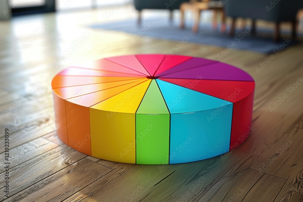 Aufkleber 3d rendering of a colorful pie chart standing on a wooden floor in an office space, representing mar