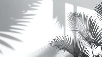 Minimalist palm plant shadow, white wall, monochromatic, high contrast, zen aesthetic, interior decor, tropical leaf silhouette, clean lines, geometric shapes, soft light, tranquil atmosphere, black a