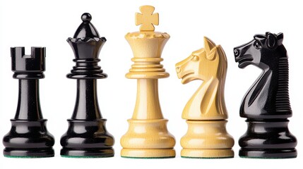 A set of classic chess pieces, with the king and queen in the front, on a white isolated background