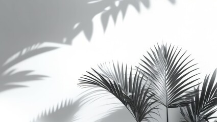 Minimalist palm plant shadow, white wall, monochromatic, high contrast, zen aesthetic, interior decor, tropical leaf silhouette, clean lines, geometric shapes, soft light, tranquil atmosphere, black a