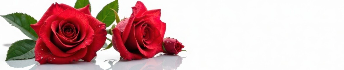 Fototapeta premium Three velvety red roses, adorned with sparkling water droplets, against pure white backdrop , studio, celebration, nature