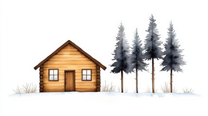 Cozy Wooden Cabin Surrounded by Evergreen Trees in a Snowy Landscape Scene