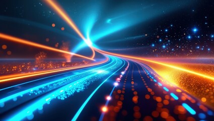 Obraz premium abstract cosmic highway, light trails, energy beams, neon blue and orange, space background, stars, dynamic motion, futuristic, digital art, vibrant colors, speed lines, glowing particles, sci-fi aest