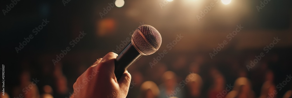 Poster hand gripping a microphone on stage during an electrifying concert, surrounded by a cheering crowd, 